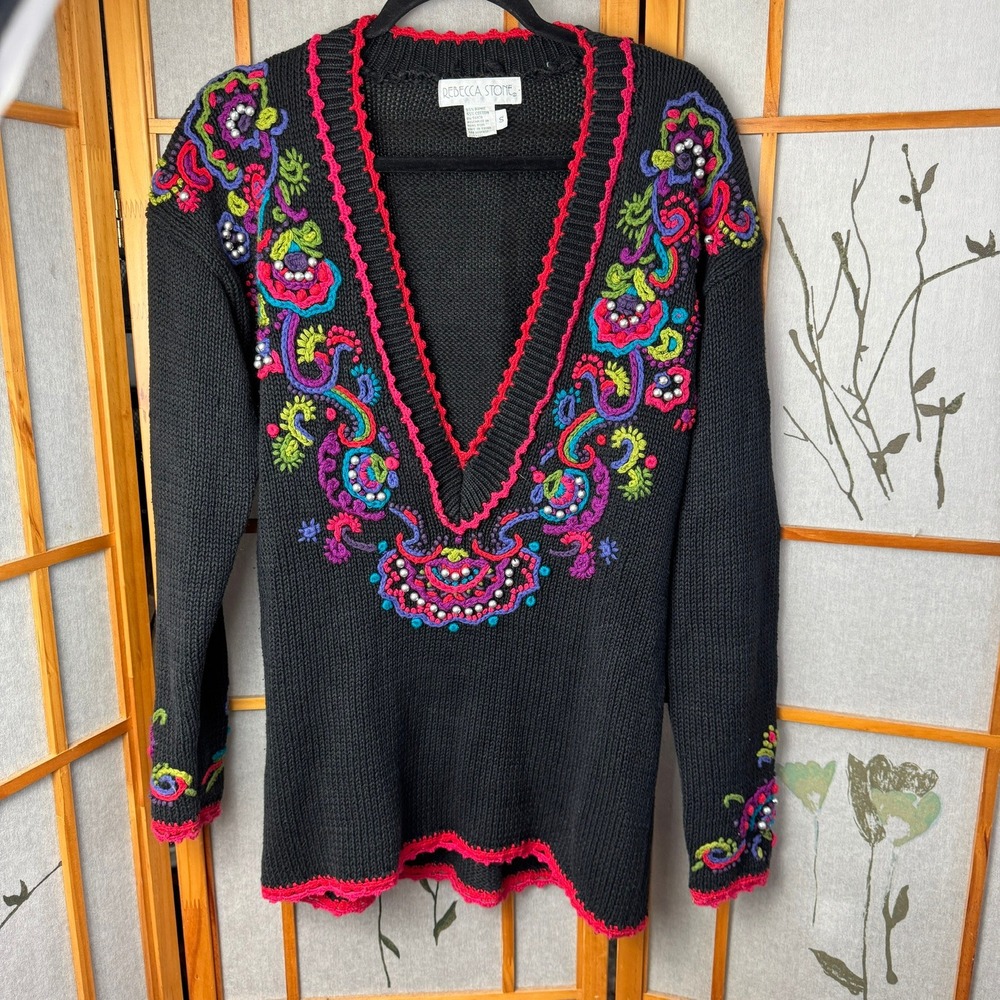 Rebecca Stone Vintage Floral Embroidered V-Neck Sweater Black Cottagecore Small